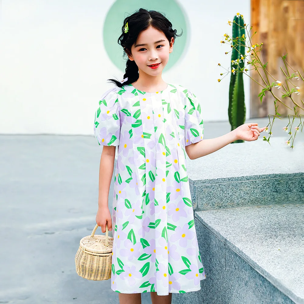 

Kids Dresses for Girls Clothes Student Floral Dress Puff Sleeve 2021 Summer French Girls Princess Dress Cotton Child Clothing