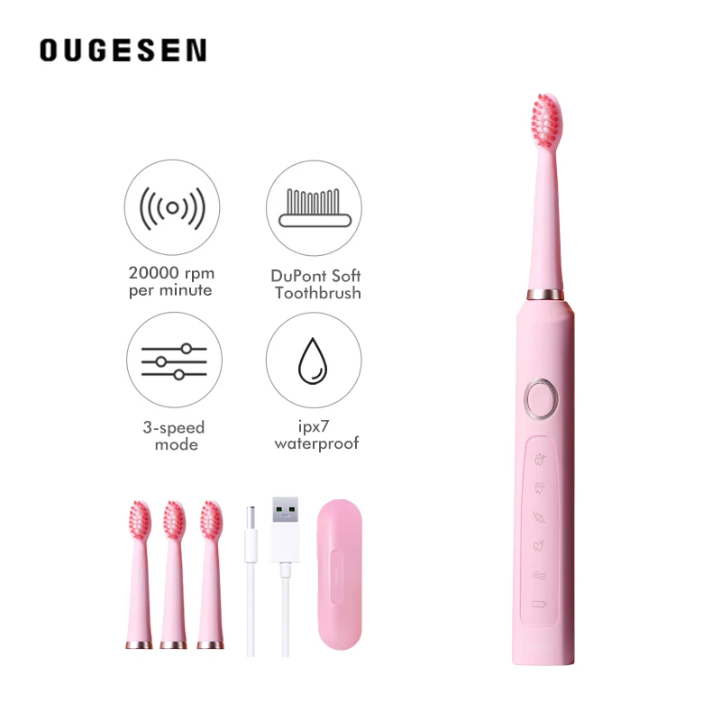 OUGESEN Electric Sonic Toothbrush JM-05 Pink USB Charge Rechargeable Adult Waterproof Tooth 2 Brushes Replacement Heads