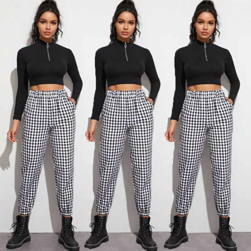 Модные женские клетчатые эластичные брюки с высокой талией джоггеры спортивные