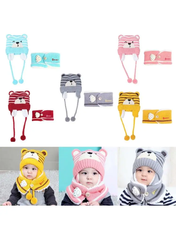 

Toddler Baby Cute Cartoon Bear Shaped Embroidered Winter Warm Knitted Hat Earflap Neckerchief Children Ear Protection Cap Beanie