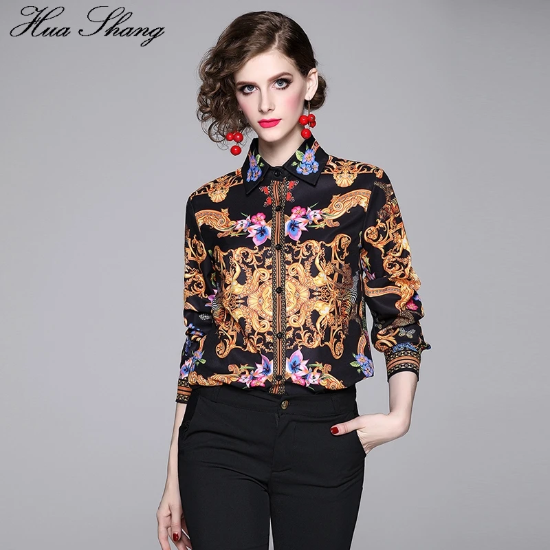 Блузка женская с длинным рукавом роскошная рубашка золотым принтом в стиле ретро