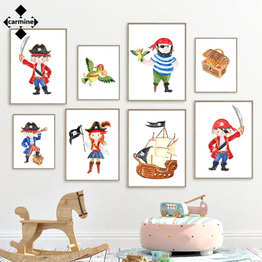 

Cartoon Pirate Ship Canvas Painting Modern Wall Art Posters and Prints Treasure Captain Print Poster for Baby Room Nursery Decor