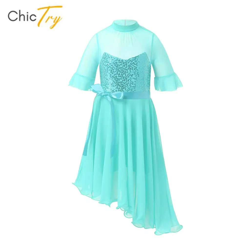 

Kids Girls Ballet Dance Gymnastics Leotard Dress Sequins Short Sleeve Irregular Tulle Figure Skating Jumpsuit Dress Dancewear