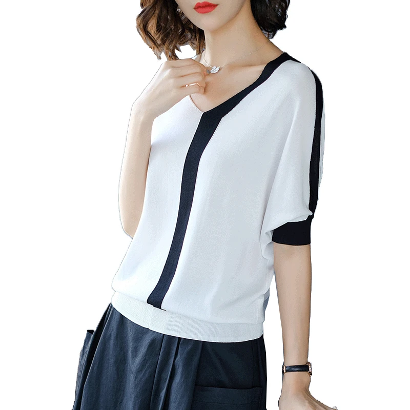 

Super Fire Short Sleeve Woman 2021 New Sleeve Hanging Top Loose Ice Silk Knitted Shirt V-collar White T-shirt