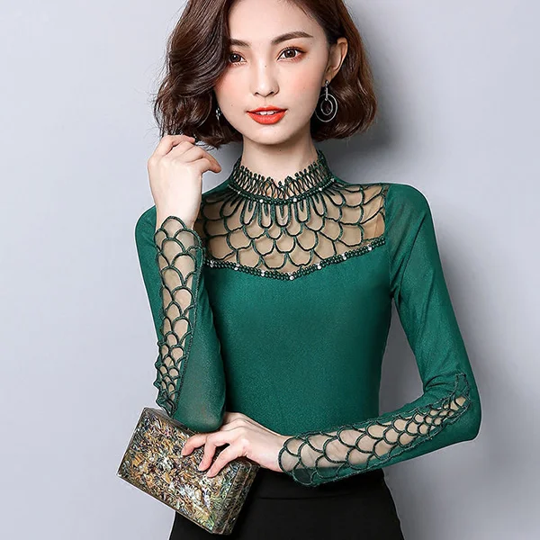

2021 fashion long sleeve shirt women Hollow out Lace tops Elegant Slim plus size Mesh tops new fashion Women blouse shirt