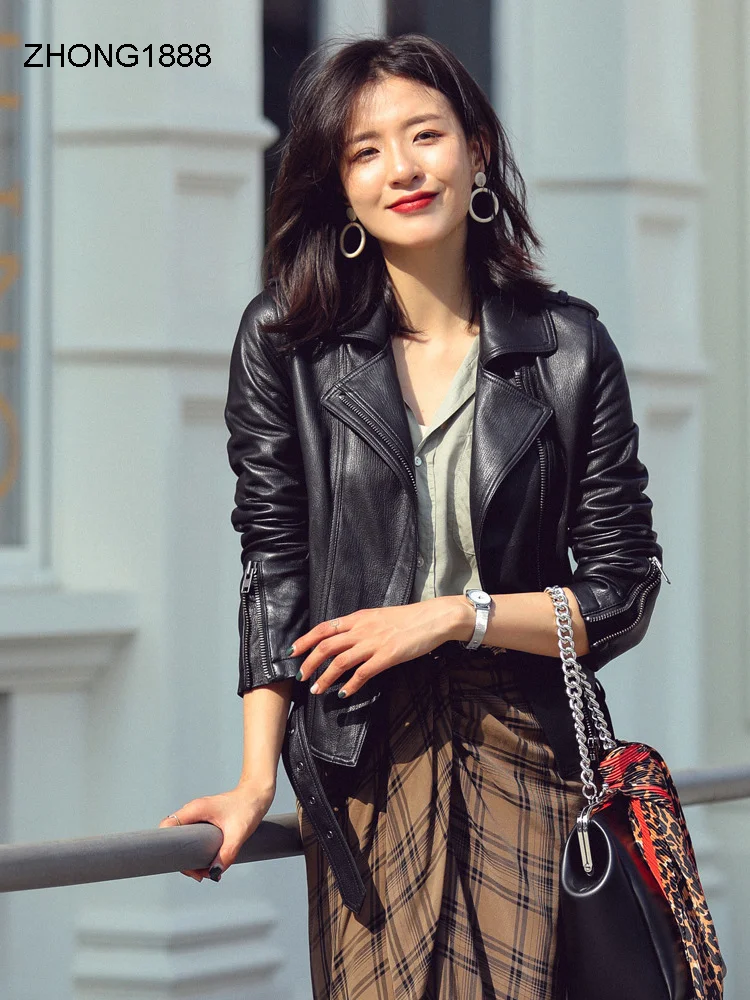 

leather home embossing craft coat women's sheepskin belt short slim fit