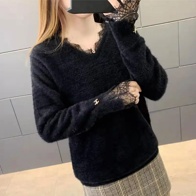 Женский кружевной свитер с V-образным вырезом Свободный пуловер из