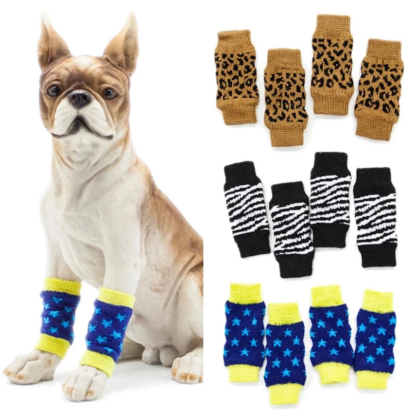 

Носки для питомцев 4 шт./комплект, теплые вязаные мягкие противоскользящие рождественские носки для щенков, кошек малого и среднего размера