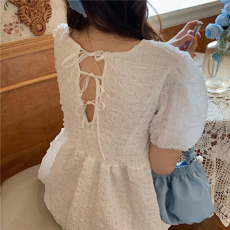 

Make new summer brim round collar hubble-bubble sleeve split lace-up back chiffon dress ~