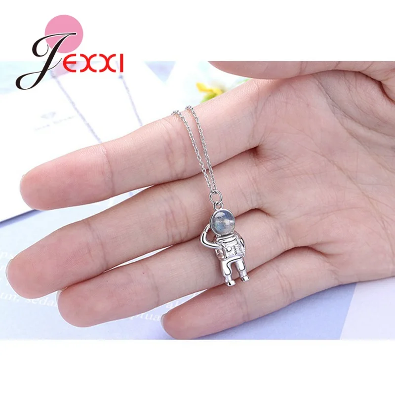 

Astronaut Spaceman Crystal Moonstone Pendant Necklace Clavicle 925 Sterling Silver Chain Necklace for Women Men Jewelry Gifts