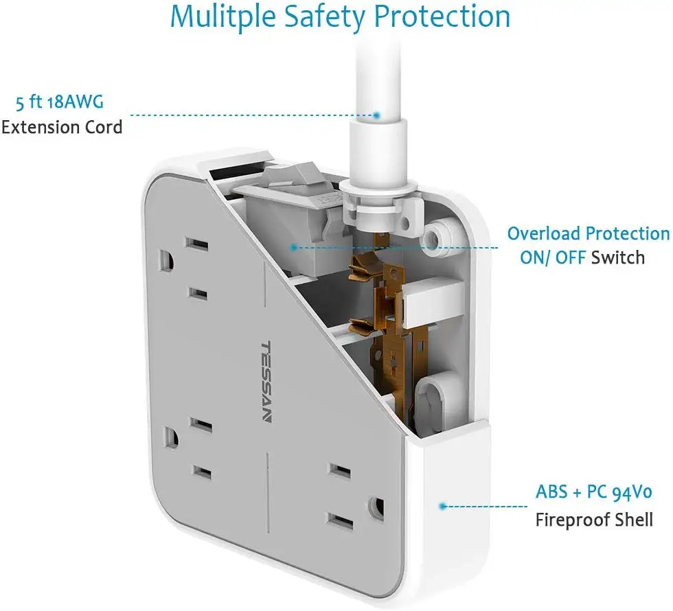 Удлинитель TESSAN с 3 USB портами и 4 розетками удлинитель длиной 5 футов вилка