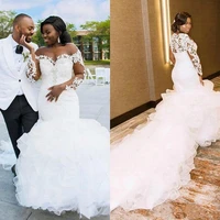 long sleeves ruffle african mermaid wedding dresses 2023 organza beads sheer bride dress lace big train wedding gown