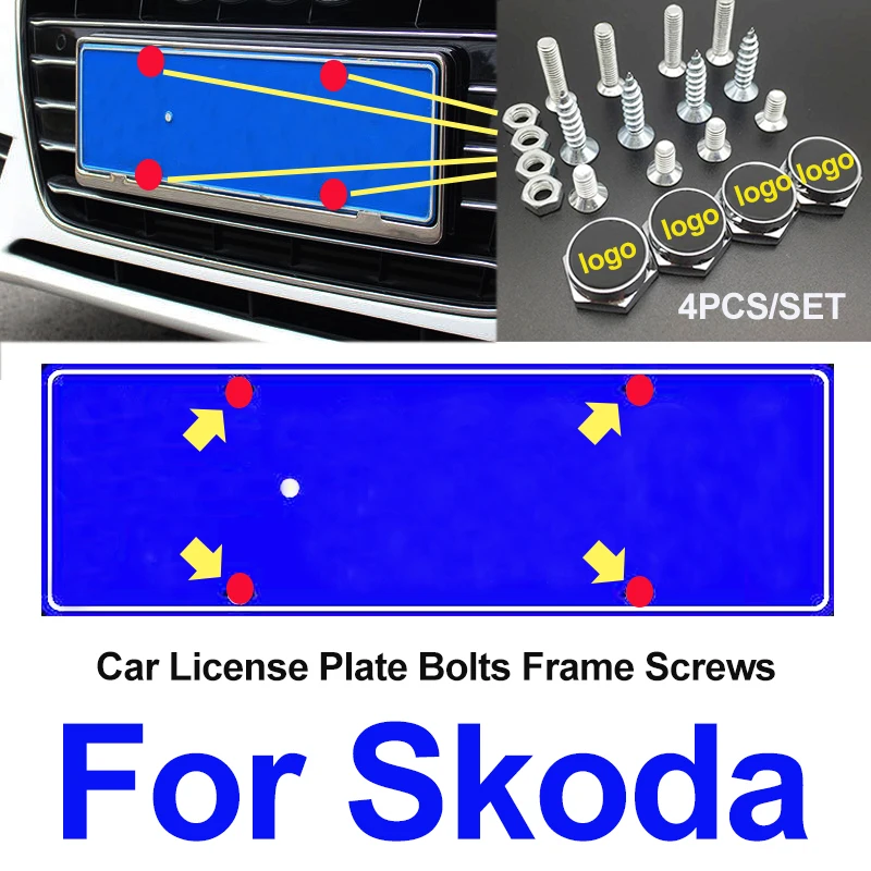 

1set For Octavida Bora Jetta Fabia Superb Metal Chrome With Car Emlem Front Trunk License Plate Frames Screw Cap Covers
