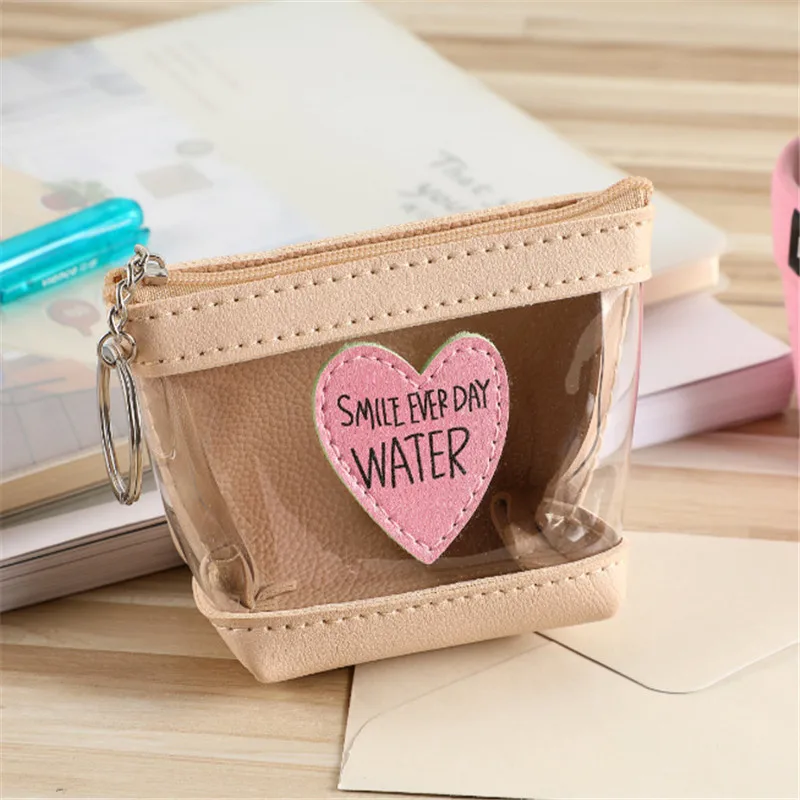 

Hot Sale Coin Purses Women Transparent Small Solid Zipper Fashion PVC Change Lovely Heart-shaped Patch Sweet Waterproof Bag