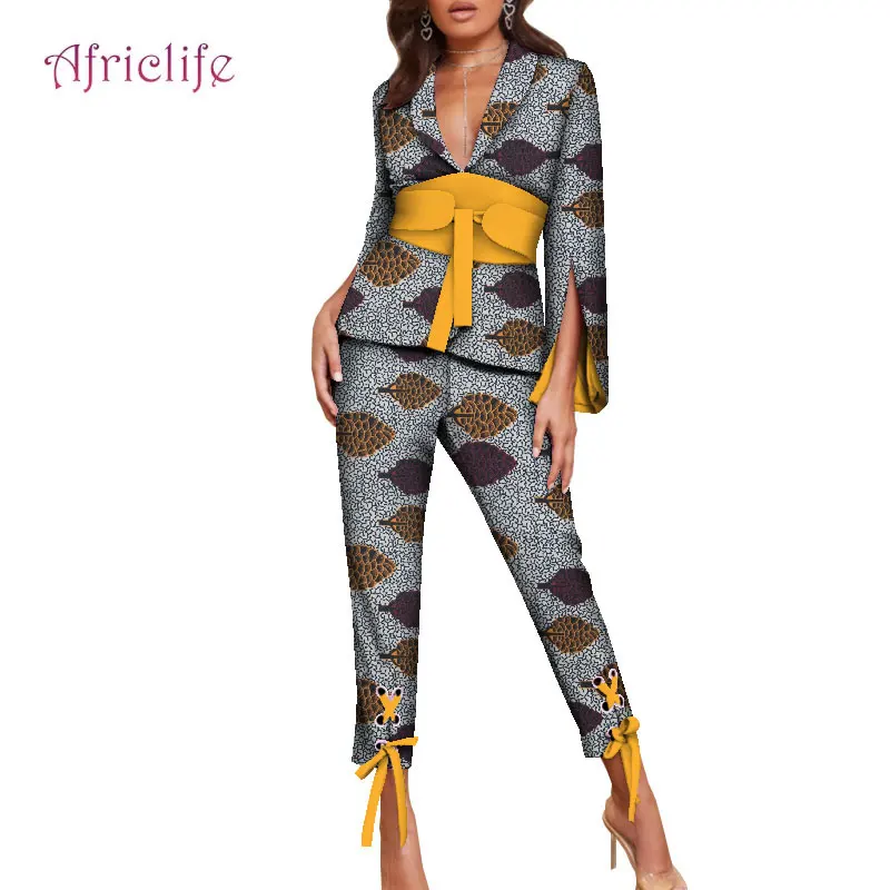 

African Women Sets Print Long Sleeve Blazer Jacket Pants Suits Office Lady Elegant 2 Piece Set Business Outfits WY8815