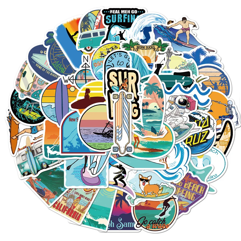 Pegatinas para surfear, adhesivos impermeables para viaje, playa, Surf, equipaje, bicicleta, botella de agua, 50 Uds.-1