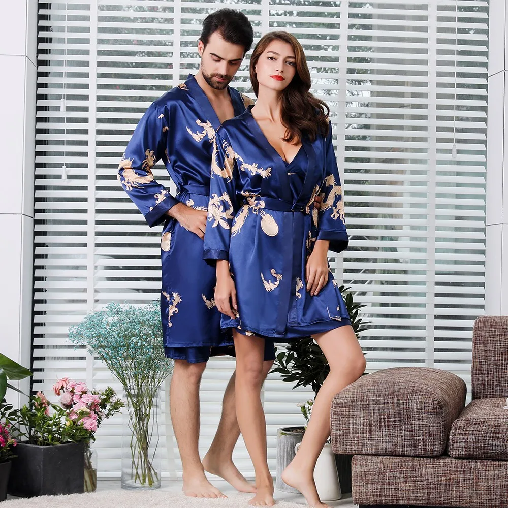 Satin 2PCS Kimono Bathrobe Gown Couples Casual Silky Nightwear Sleep Set SEXY Print Dragon Homewear PLUS SIZE 4XL 5XL Sleepwear