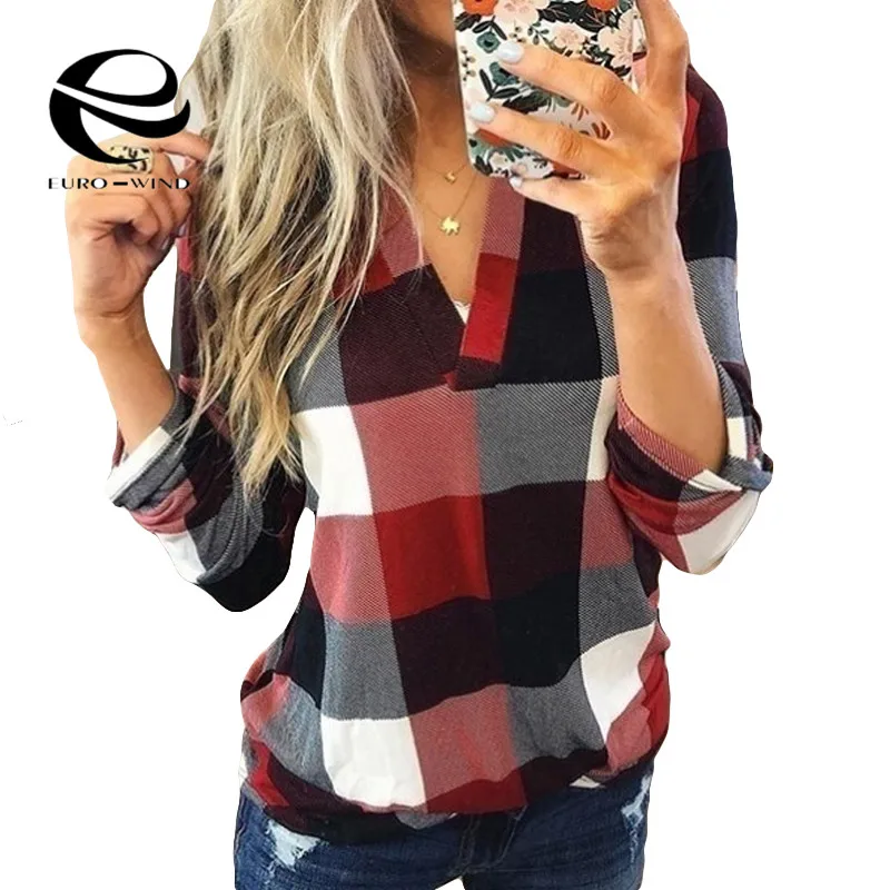 Plus Size 5XL Women Tops and Blosue 2019 Autumn New Long Sleeve V Neck Plaid Blouses Female Casual Loose Shirts Blusas |