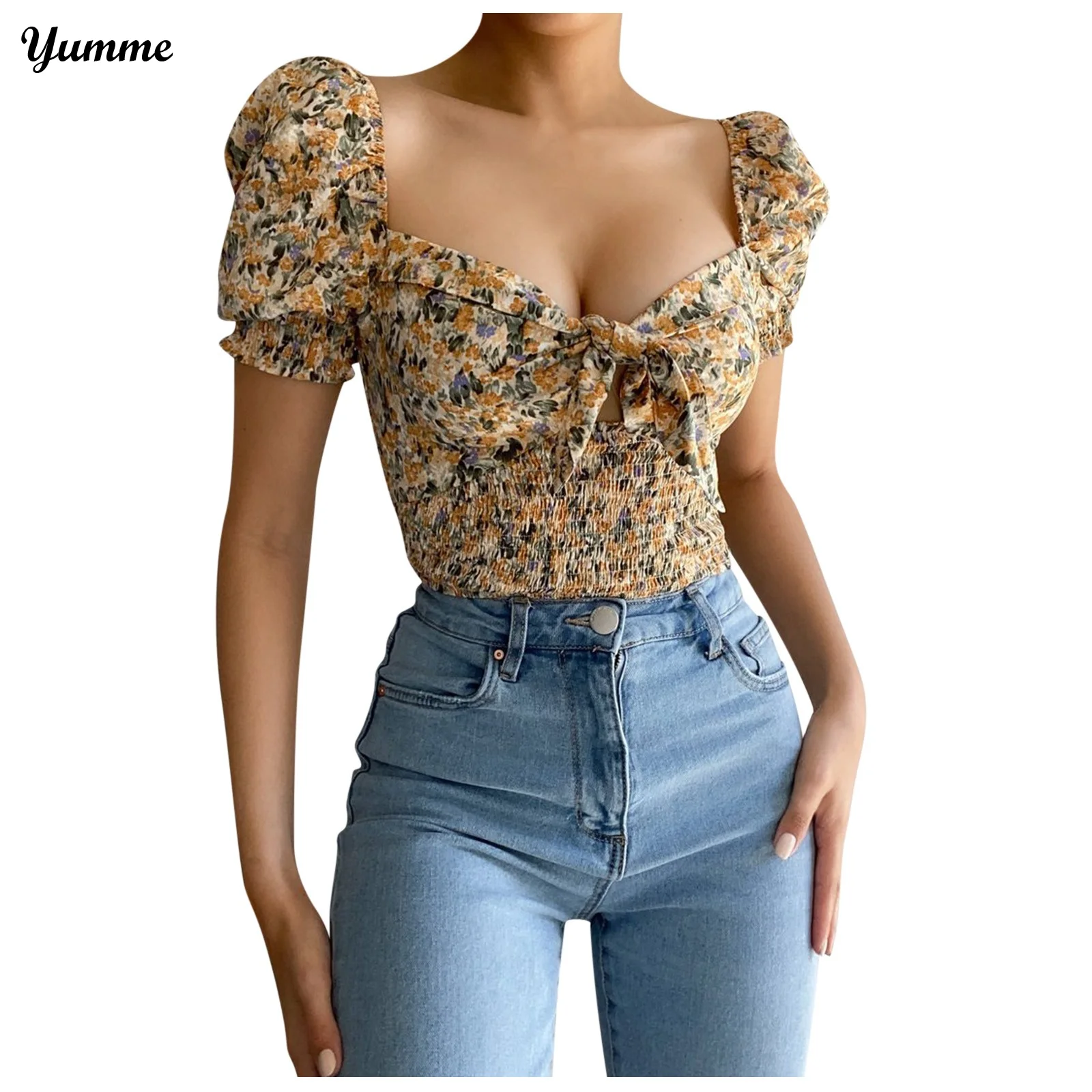 

Women Blouse Ladies Bow Knot Plus Size Shirt Puff Sleeve Vintage Floral Sexy V Neck Shirts Blouse Tops Blusa Feminina 2021 #BL3