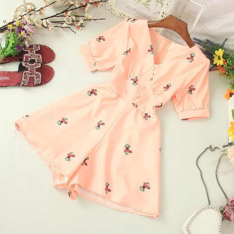 Joinoyuth V-neck Button Floral Printed Playsuits Short Sleeve Women Rompers 2020 Summer High Waist Slim Wide Leg Bodysuits 57856 | Женская