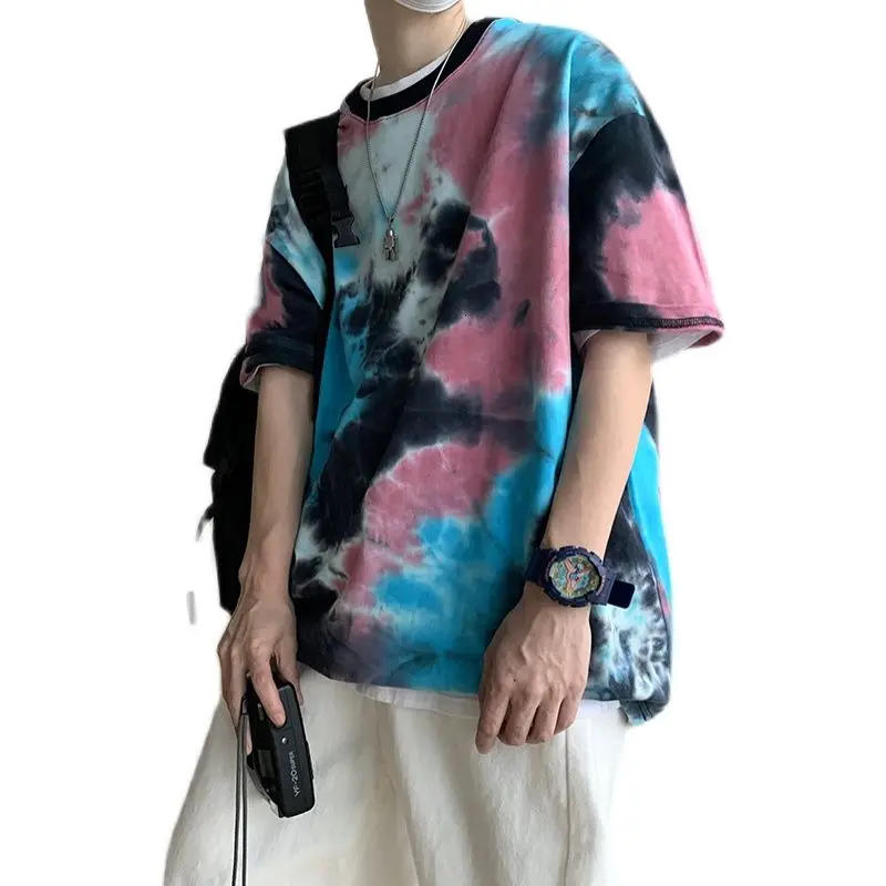 

Summer Cotton Tie-dye Men's T-shirt Fashion Retro Casual Short-sleeved T-Shirts Male Streetwear Loose Hip-hop Tshirt Tops