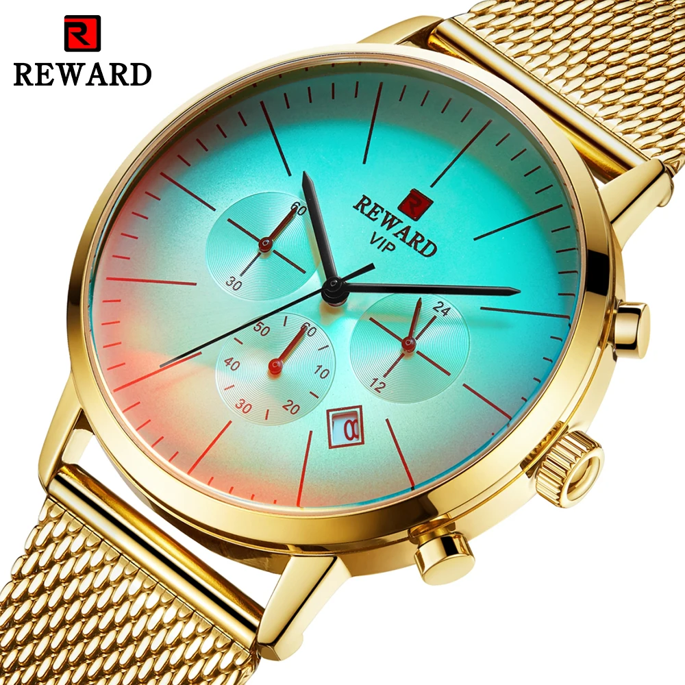 

REWARD Iridescent Crystal Glass Design Golden Quartz Watch Stainless Steel Mesh Band Waterproof Chronograph Sports Date Clock