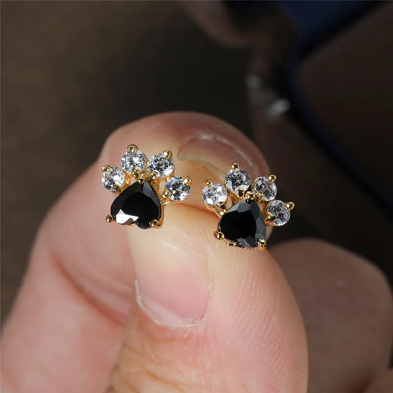 Милые серьги-гвоздики с камнями в форме милое сердечко и лапками медведя, собаки и кошки для женщин. Свадебные украшения розового золотого цвета с животными следами. Подарки.