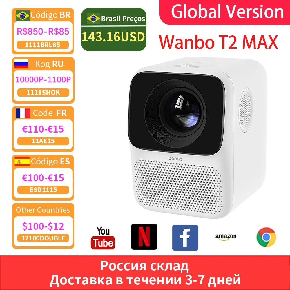  Проектор Wanbo T2 MAX, проектор 4K, светодиодный мини-проектор, портативный Wi-Fi Lcd Full Hd 1080P, коррекция домашнего кинотеатра 