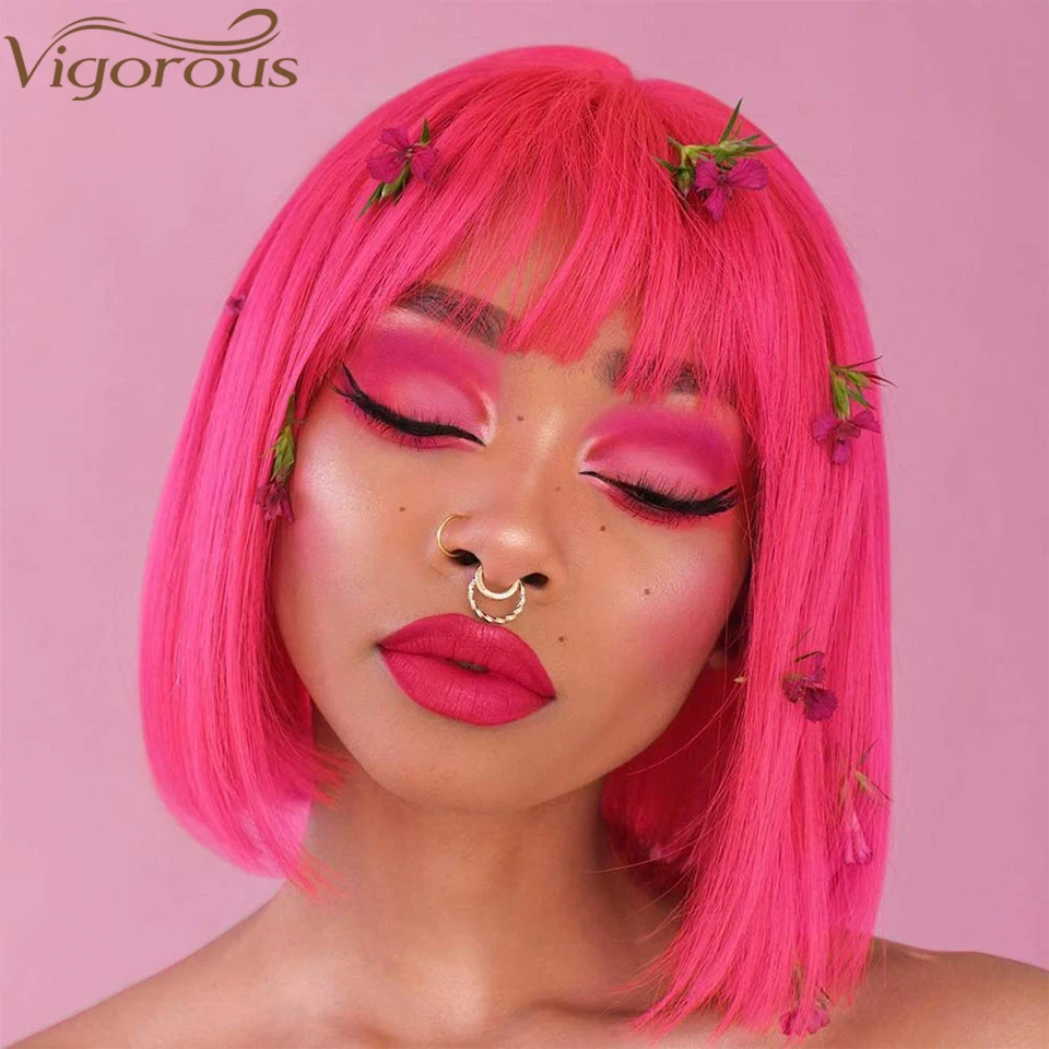 

Vigorous Synthetic Short Bob Wig with Bangs 12 Inch Pink Straight Wigs for Women Blue Purple Yellow Cosplay Wig