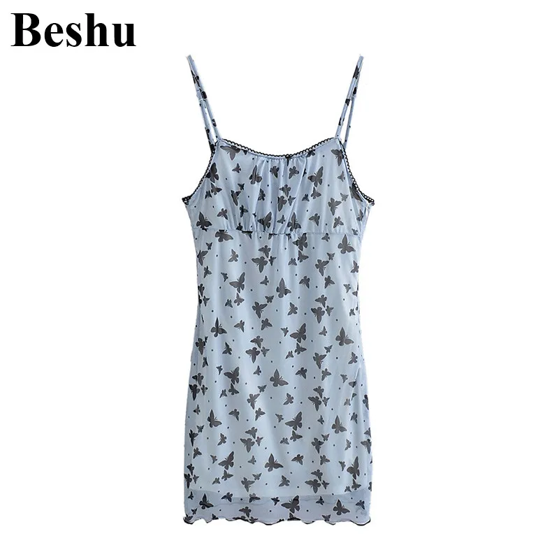 Женское мини платье на бретельках za голубое Сетчатое лоскутное с боковой молнией