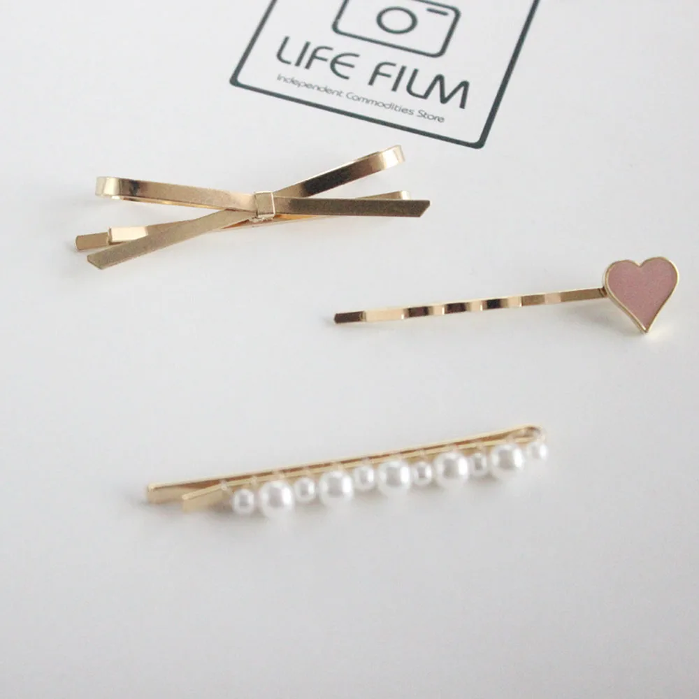 3 шт./компл. металлические заколки для волос с бантом и жемчугом в форме сердца