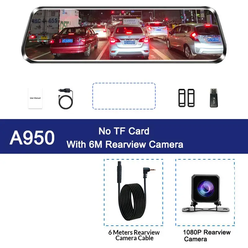 A950 -6M RC -No Card Двойной 1080P 1" поток зеркало заднего вида автомобиля DVR 2.5D экран супер ночного видения Dash Cam камера видео рекордер Авто Регистратор - Название цвета: A950 -6M RC -No Card