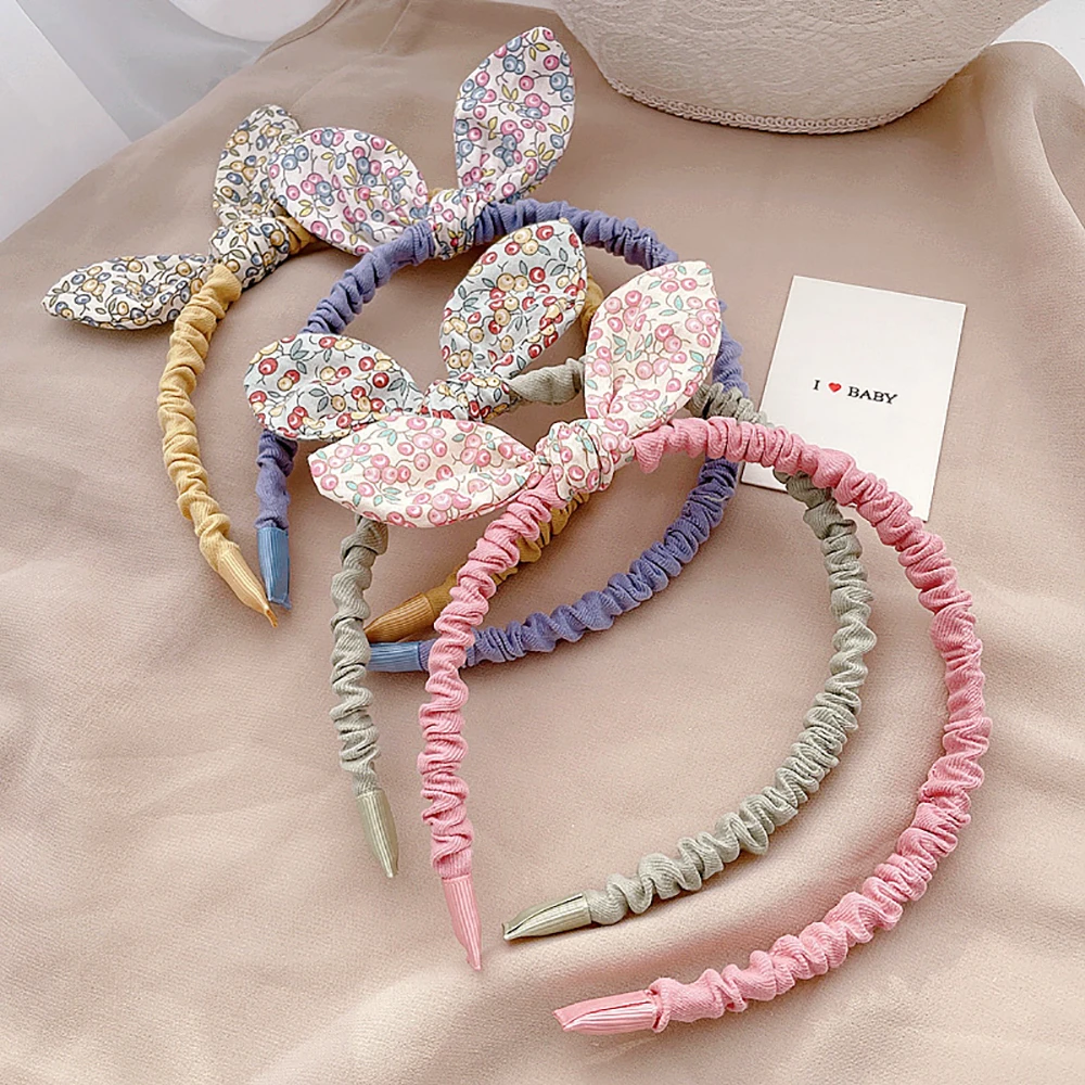 Diadema Retro con estampado de flores para ni&ntilde;a y mujer, bandana con lazo, diadema de tela con Orejas de conejo, accesorios para la cabeza-3