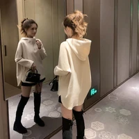 2021 spring and autumn new loose sweater with short front and long back pullover hooded jacket for women
