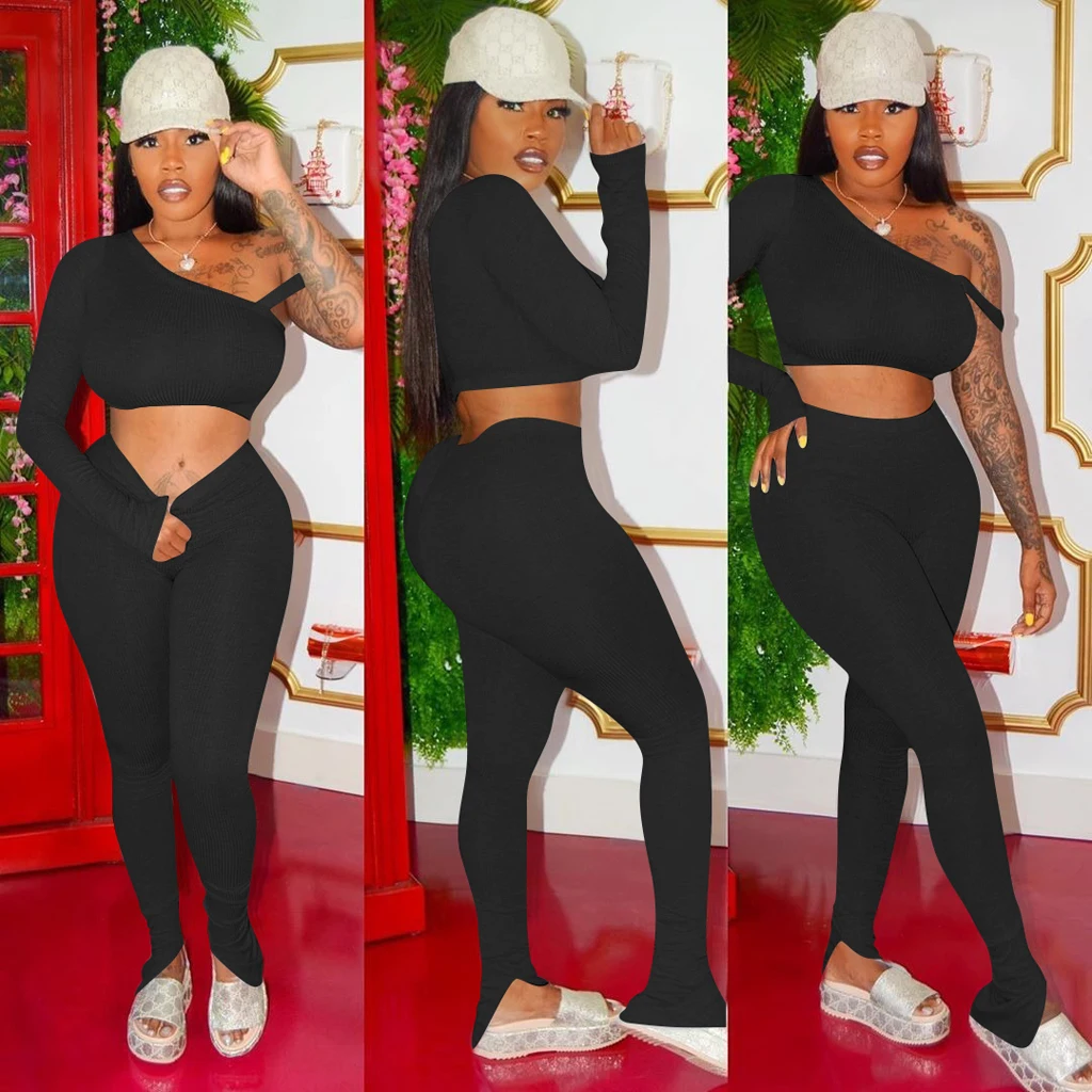 

Women long sleeve crop top long pants clothing set female skinny one shoulder crop top+leggings Casual solid color tracksuit