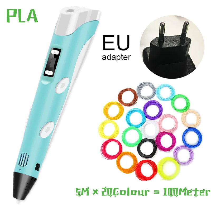 5m20color PLA EU 3D Ручка, три D принтера, ручка для рисования с пластиком, 100 м, PLA/ABS нити, для творчества, подарок на день рождения, Оригинальные рождественские подарки - Цвет: 5m20color PLA EU