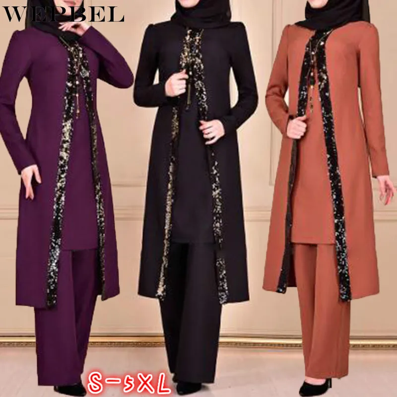 

WEPBEL Muslim Fashion Sequins Stitching Solid Color Suit Women's Casual Long Sleeve Long Coat + High Waist Straight Pants Suit