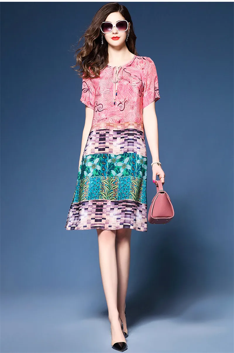 Мода 2019 винтажное шелковое платье с цветочным принтом женское повседневное