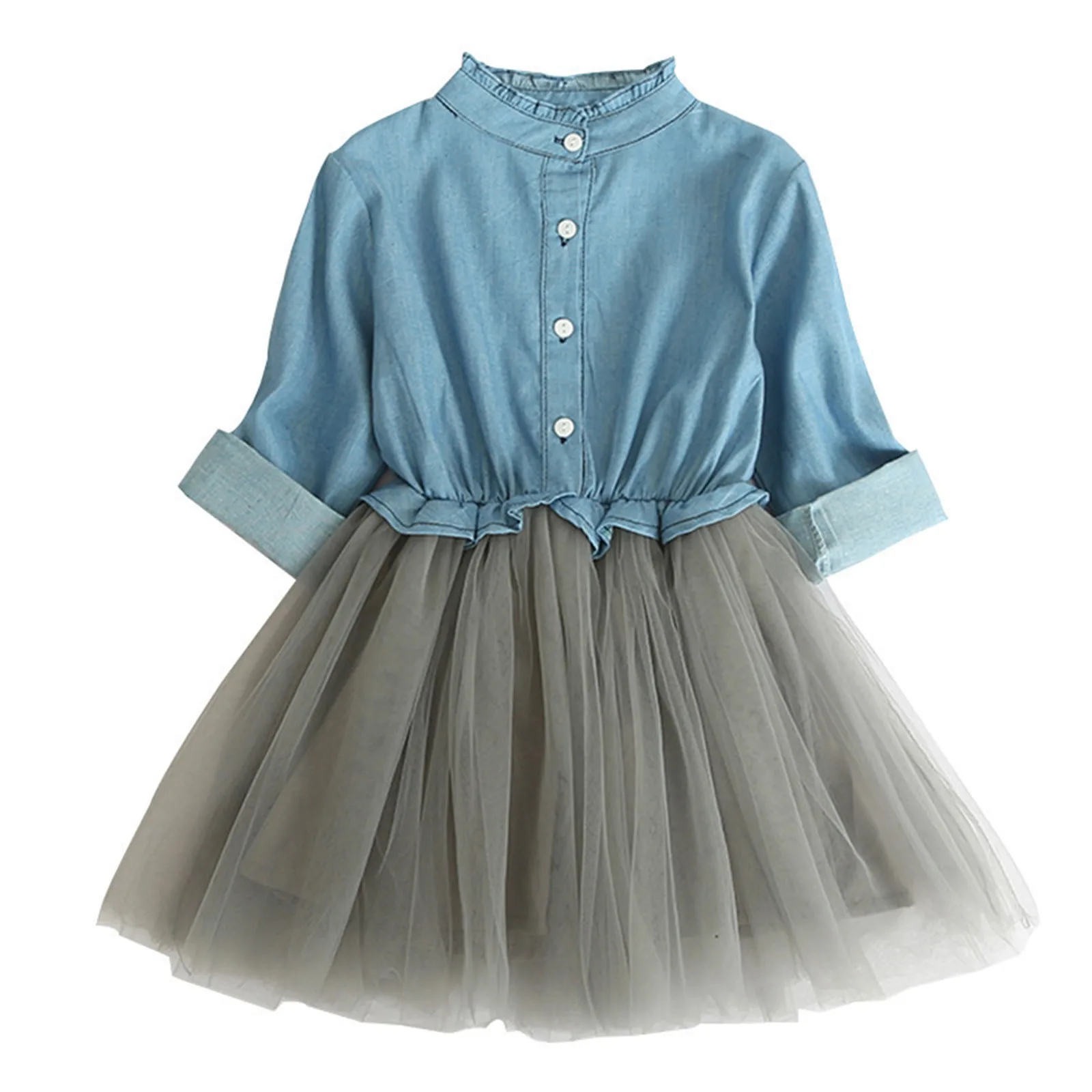 

Denim Patchwork Girls Dress For Baby Kids Girl Long Sleeve Tops Splicing Gauze Lace Tutu Princess Dress Casual Vetement Fille