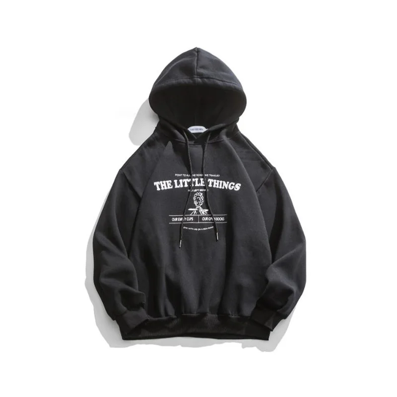 

High Quality Spring Autumn Men Hoodie Loose Plus Plush Volcano Print Fashion Hooded Oversize Retro Simple Male Couple Cloth Tops