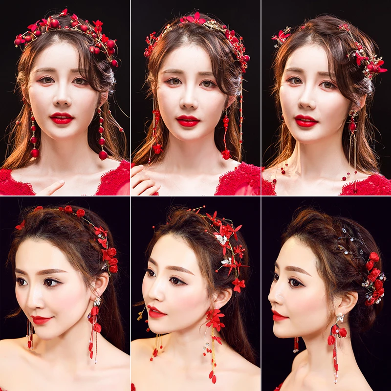 

Невесты красного цвета повязка на голову, новогодние аксессуары для волос Фея Красивая повязка свадебное платье тостов китайское платье св...