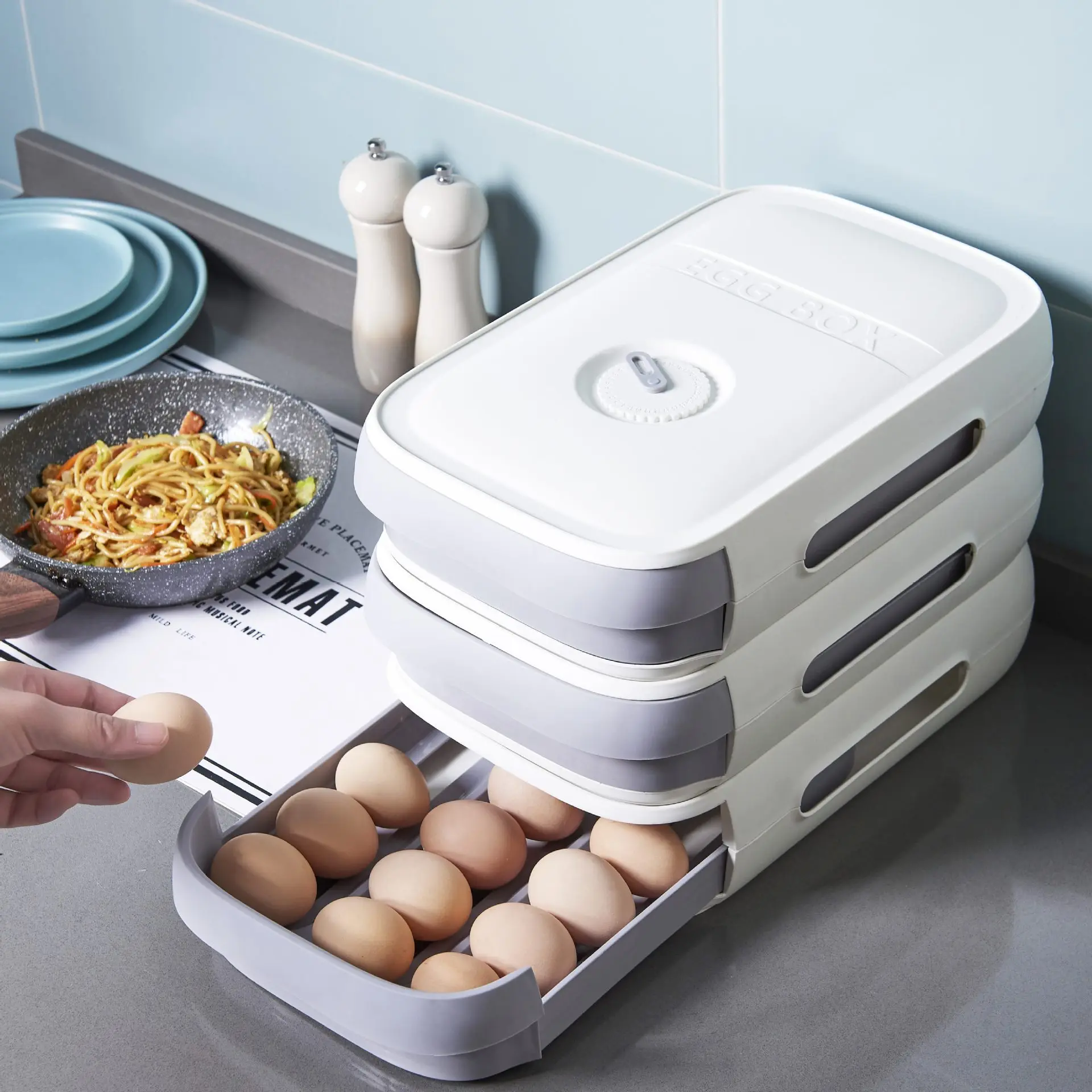 

Stackable Egg Holder Storage Box Drawer Automatic Rolling Refrigerator Eggs Organizer Space Saver Container Kitchen Organizer