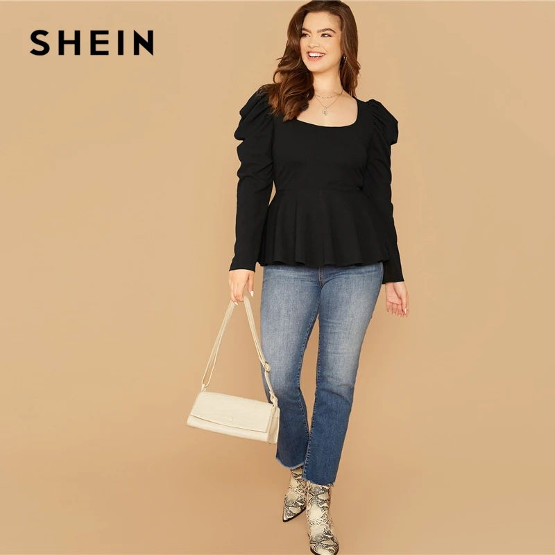SHEIN плюс размер, черный топ с рукавами с баской, Женский Осенний однотонный квадратный вырез, элегантный офисный женский топ и блузки