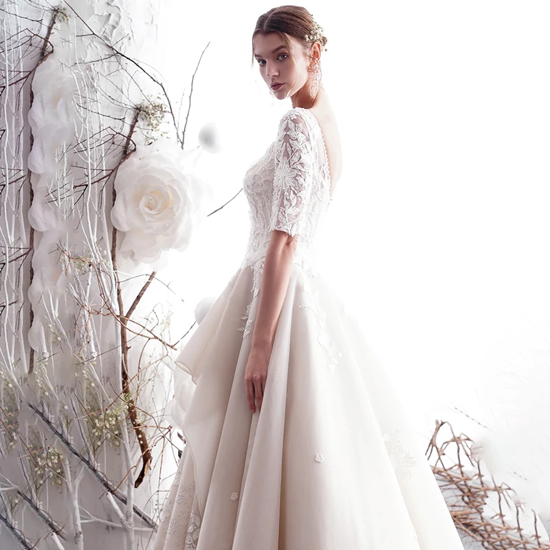 LDR02 White Long Sleeve Wedding Dress Bride 2021 Temperament New Wedding Simple Applique Printed Pattern платья свадебные