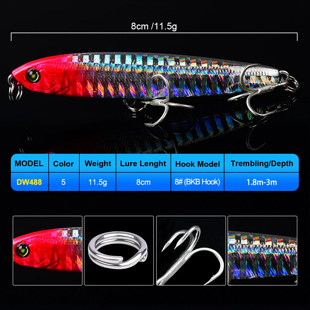 1PC VIB Pencil Fishing Lures 8cm 11.5g Diving Sea Artificial Wobbler Hrd Bait 8# BKB Hook Trout Bass Tackle 2019 New | Спорт и