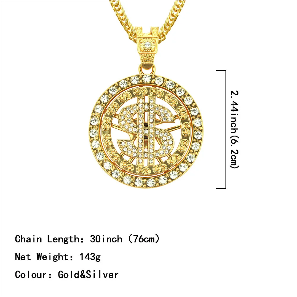 

2021 European and American Fashion Exaggeration Hiphop Jewelry Hip Hop Round Dollar Sign Pendant Necklace