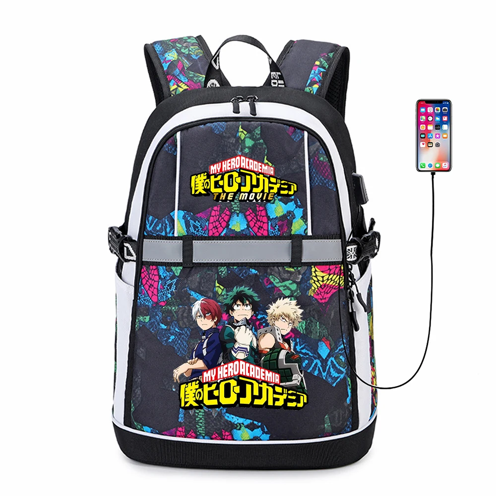 

Anime My Hero Academia Student Reflective Stripe USB Backpack Teenger Cartoon Bookbag Oxford Zipper Knapsack Schoolbag Bag