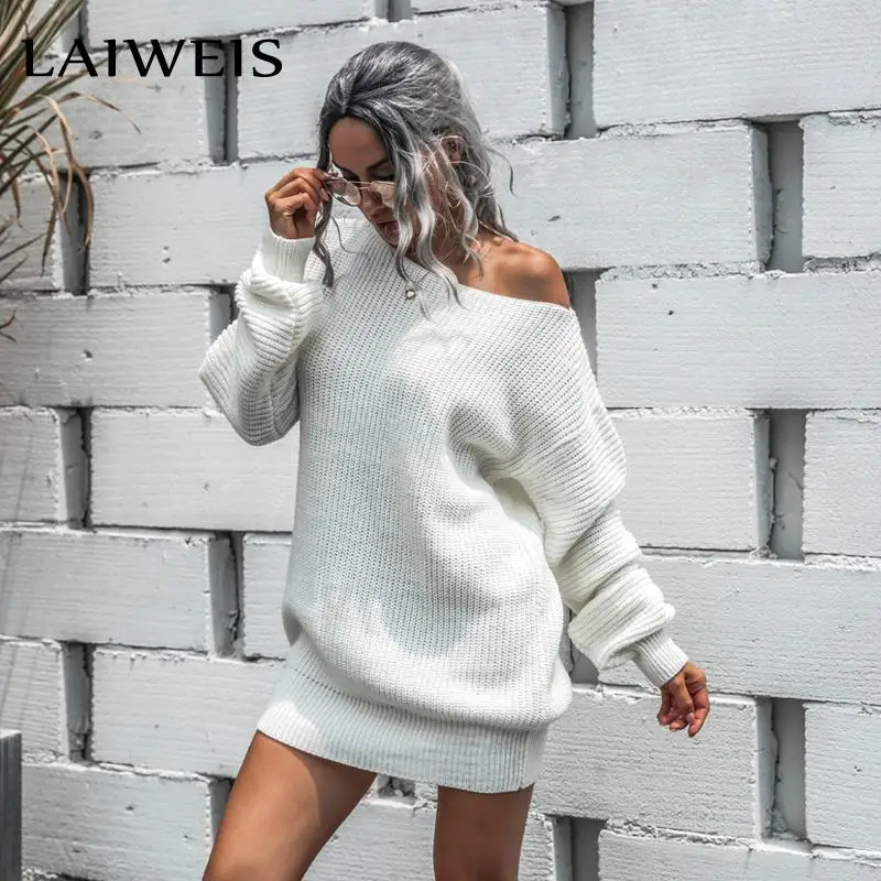 

LAIWEIS Sexy off shoulder knitted dress women solid long sleeve loose casual dress streetwear Autumn winter Nightclub dresses