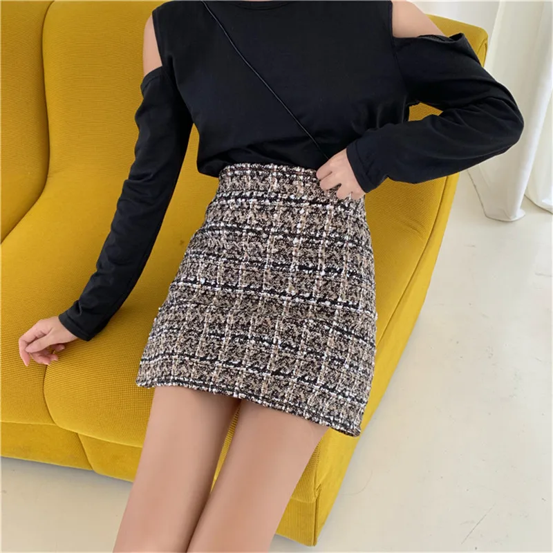 Клетчатая твидовая облегающая юбка для женщин Корейская линия Мини-Юбки Женская