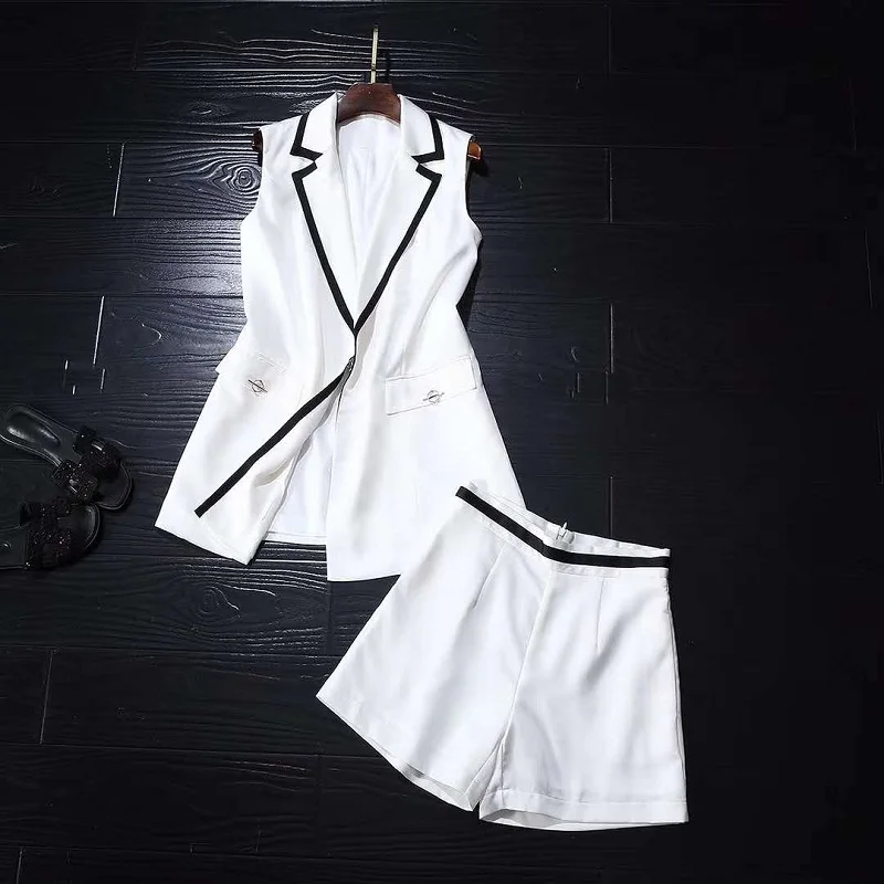 

High Quality Sets 2020 Summer Set Women Notched Collar Sleeveless Blazer Coat+Black White Color Block Short Suits
